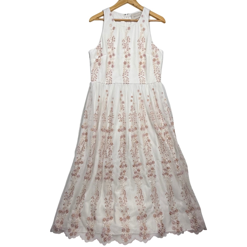BHLDN Embroidered Parsons Tulle Maxi Dress Formal Gown White Pink US 14